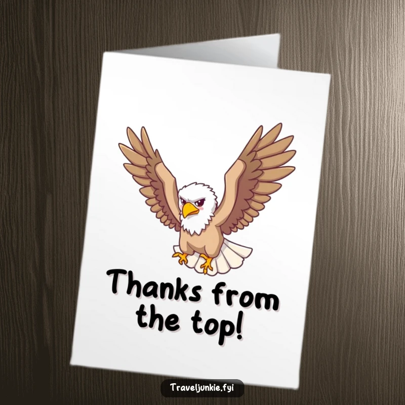 Funny free printable thank you card with a soaring eagle traveler looking down from above, conveying thanks.