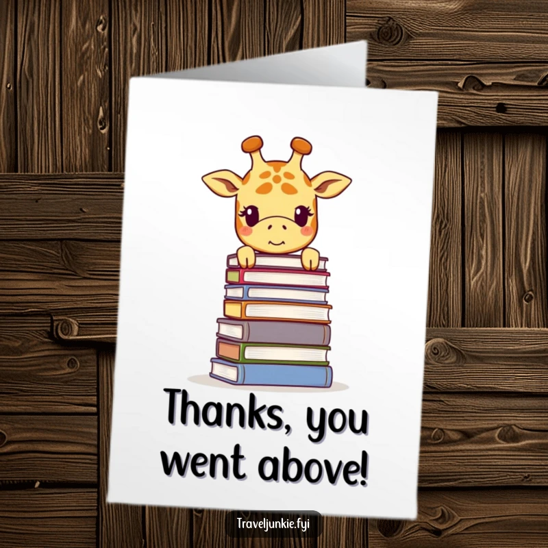 Funny Free Printable Thank You Card: Smiling giraffe peering over books, a humorous and downloadable thank you.