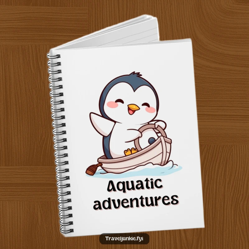 Funny notebook with a happy penguin character comically attempting to steer a tiny boat, ideal for notes.