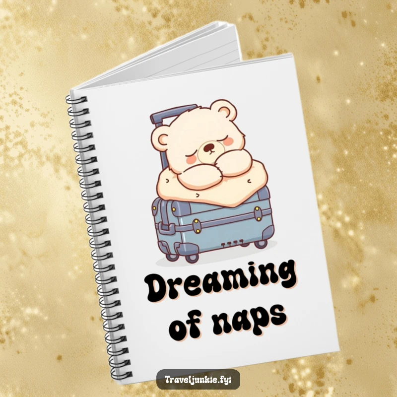 Funny sleepy bear cub snoozing, bundled on a rolling suitcase, a cute and funny notebook for journaling.