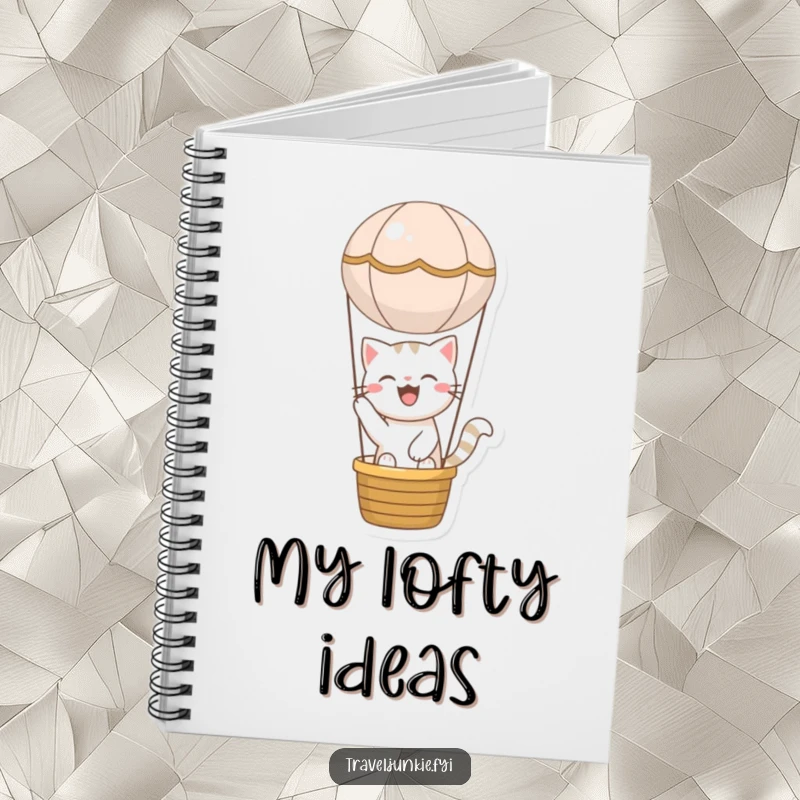 Funny cat notebook with a joyful character riding in a miniature hot air balloon, inspiring humorous thoughts and imaginative writing.