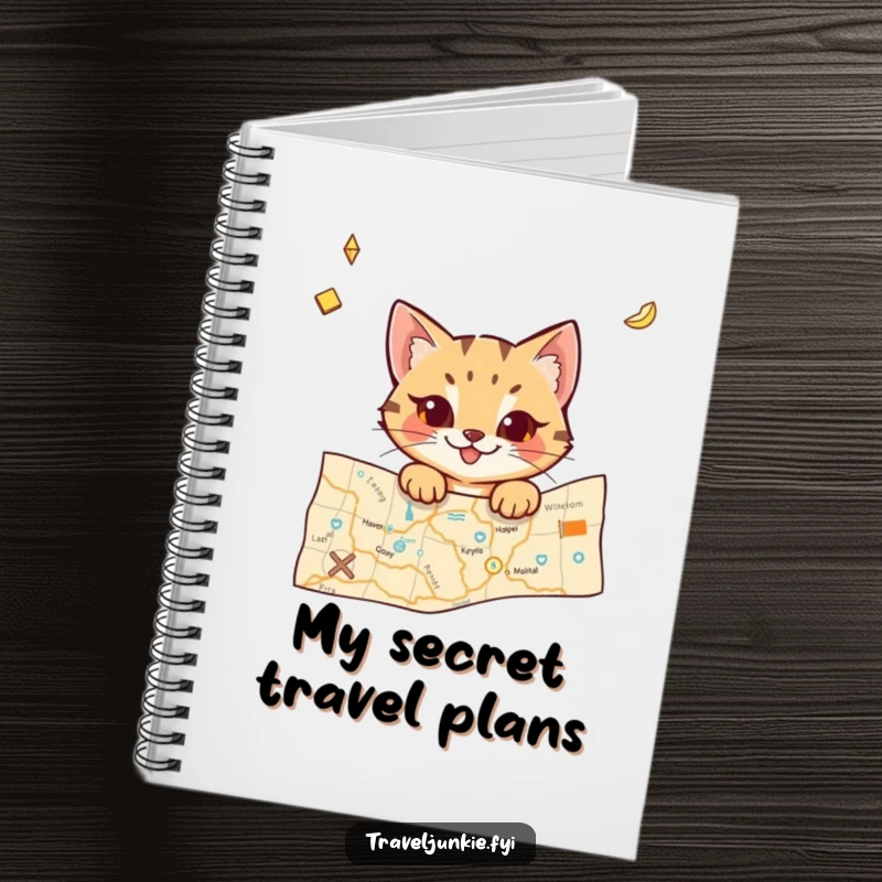 Funny cat notebook with a mischievous character peeking from a travel map, perfect for jotting down notes with a humorous travel theme.