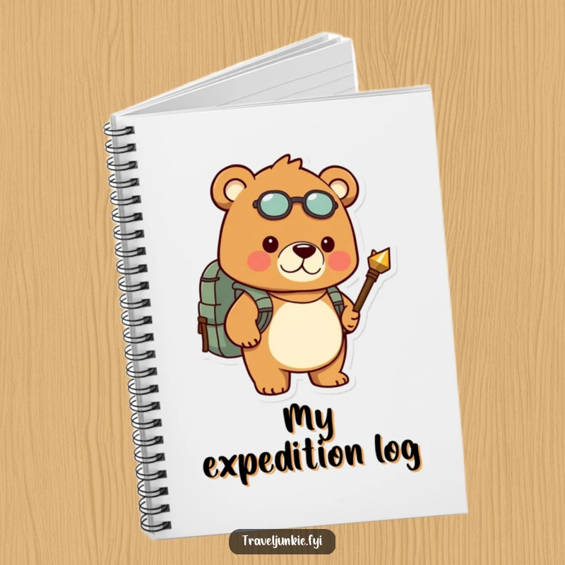 Funny notebook shows a determined bear with backpack and compass, inspiring notes with adventurous humor.