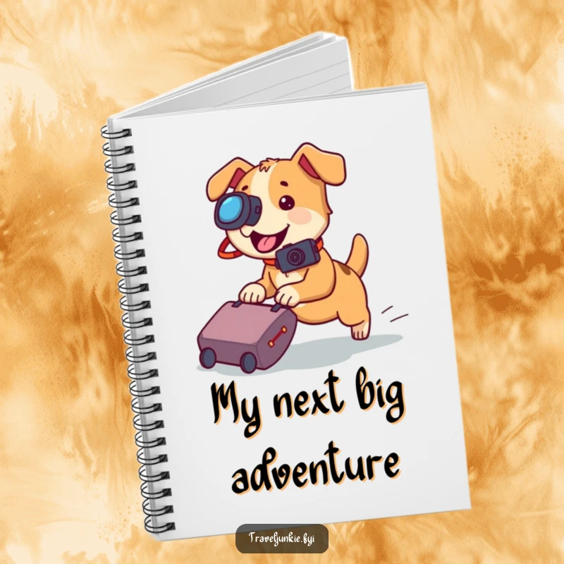 Funny dog notebook, a playful dog with a camera chasing a rolling suitcase, perfect for writing notes and ideas.