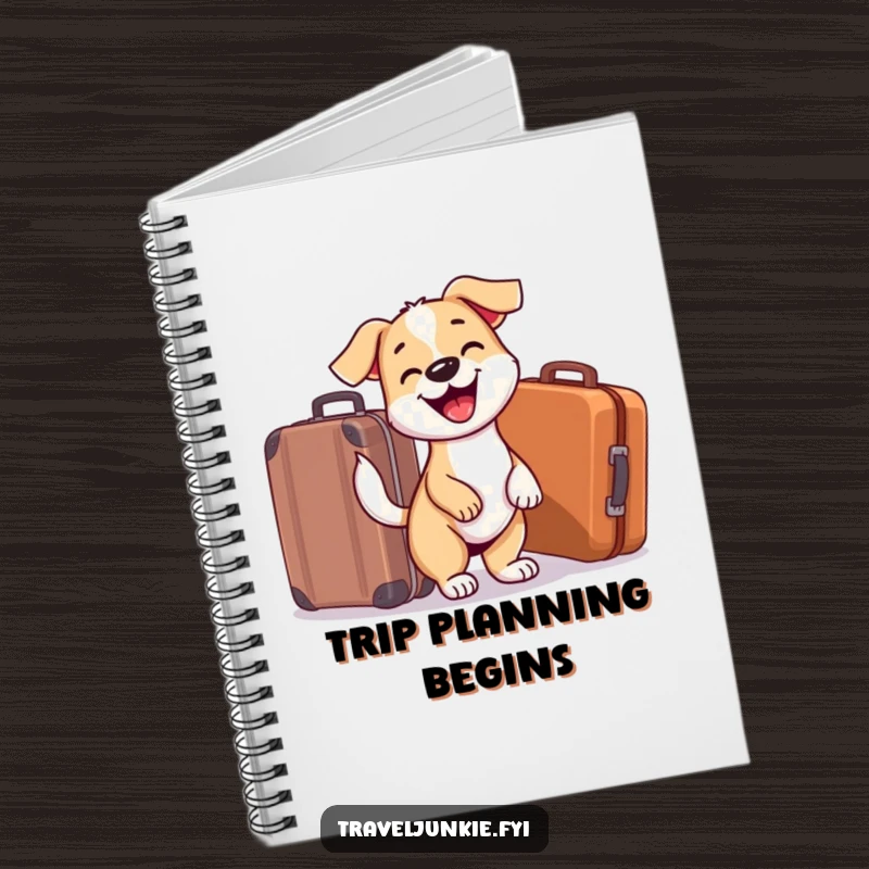 Funny Dog Notebook: Excited dog anticipating travel near a suitcase, perfect for jotting down ideas, plans, and adventures humorously.