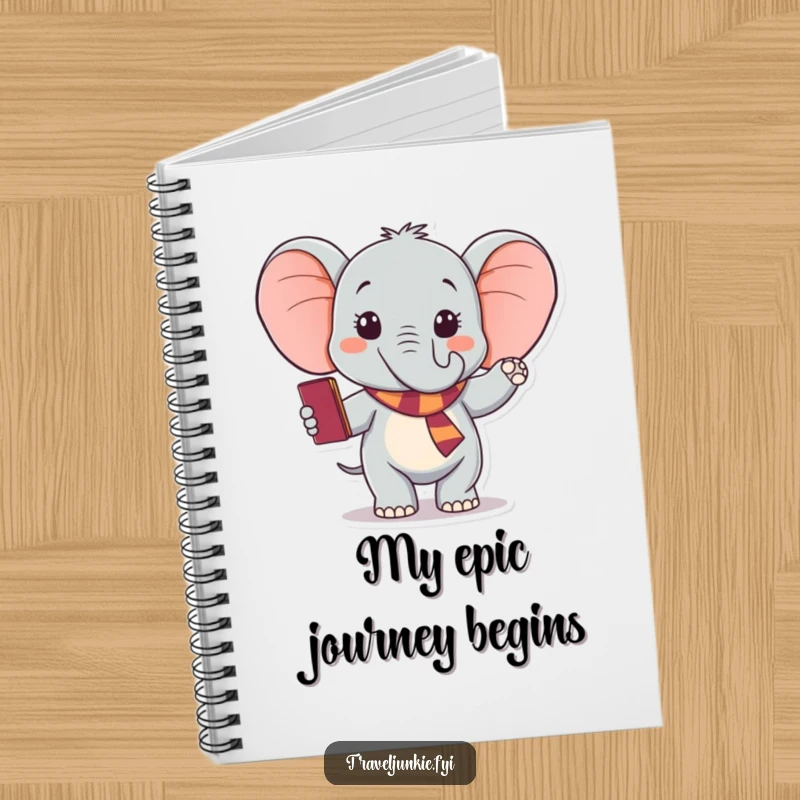 Funny elephant notebook, perfect for writing travel plans, with an excited character waving goodbye holding passport, a humorous gift.