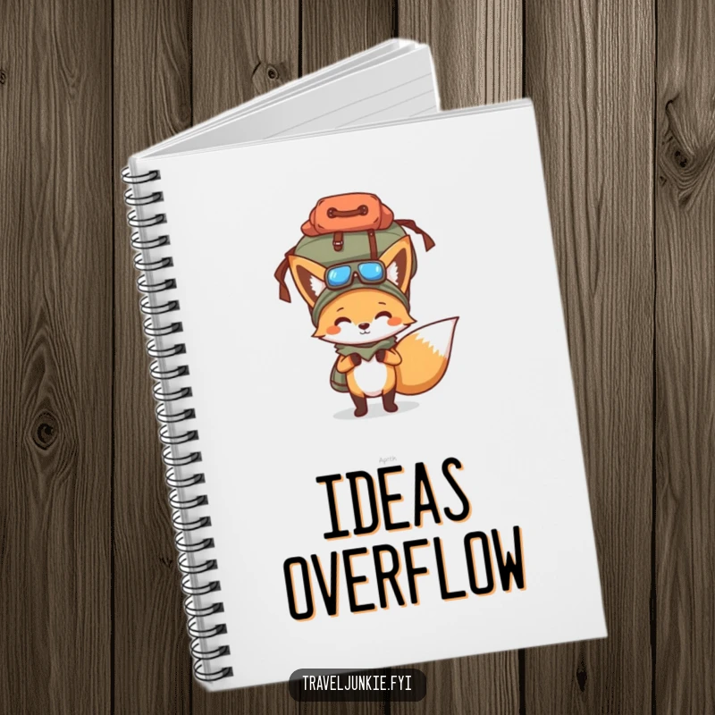 Funny notebook with a determined fox balancing an overflowing travel bag on its head, great for journaling or note-taking.