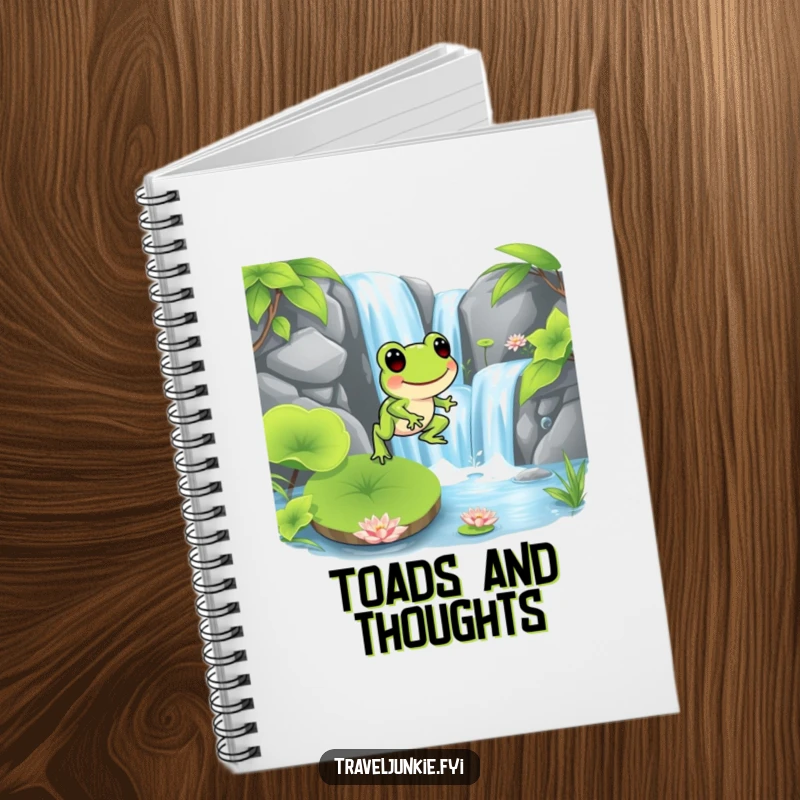 Funny frog character hopping onto a lily pad near a waterfall, designed for notes and ideas, a funny gift notebook.