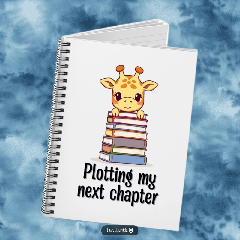 Funny giraffe notebook, cover features a smiling giraffe peering over a towering stack of books, inspiring learning and creativity.