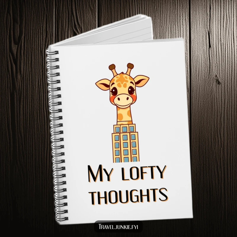 Funny giraffe notebook with a cheerful character peering over a stylized skyscraper, perfect for jotting down notes with a humorous urban theme.