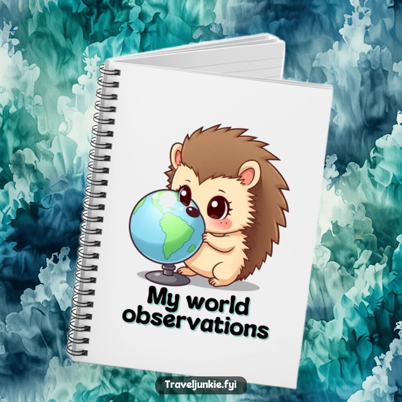 Funny hedgehog notebook with a curious character examining a globe, inspiring humorous thoughts and exploration.