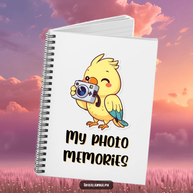 Funny notebook cover with a cheerful parrot character holding a tiny camera, encouraging creative note-taking.