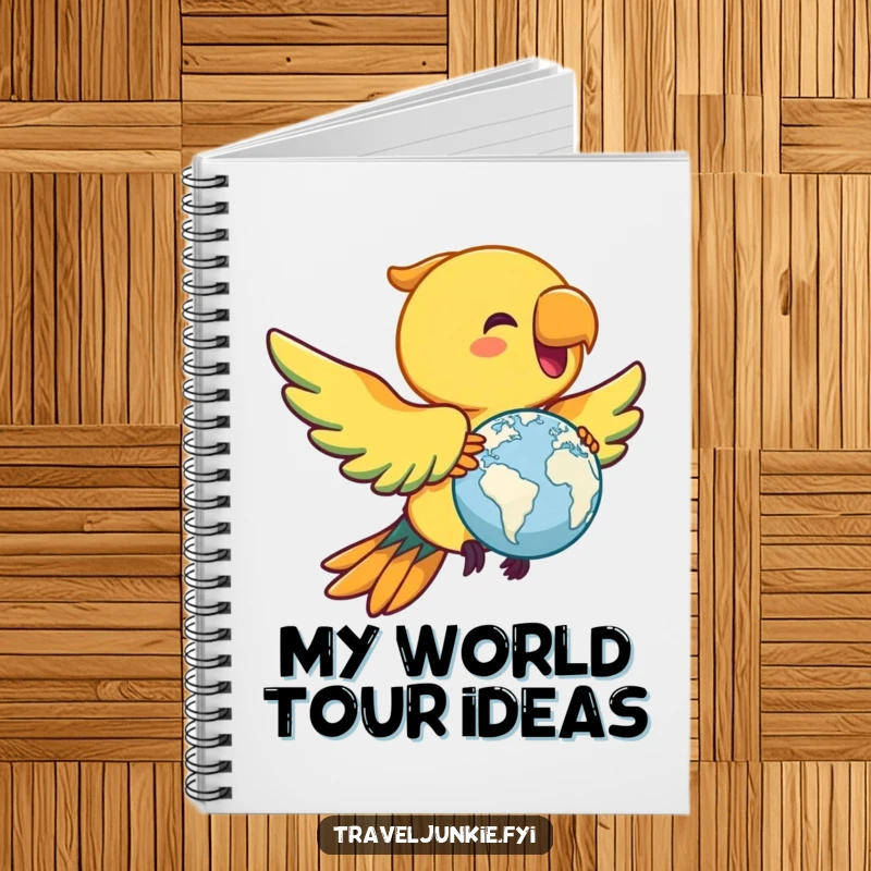 Funny parrot notebook, perfect for writing travel plans, with a joyful bird flying with a miniature globe, a humorous gift.
