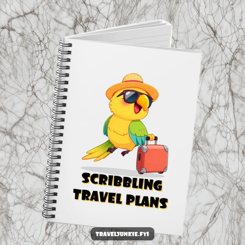 Funny notebook: a happy parrot wearing a straw hat and sunglasses zooms with a suitcase, ideal for jotting travel plans and ideas.