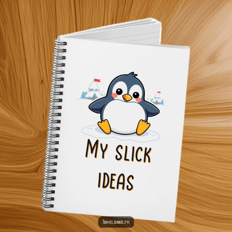 Funny penguin notebook with a playful character sliding on an icy graphic, perfect for jotting down notes with a humorous winter theme.