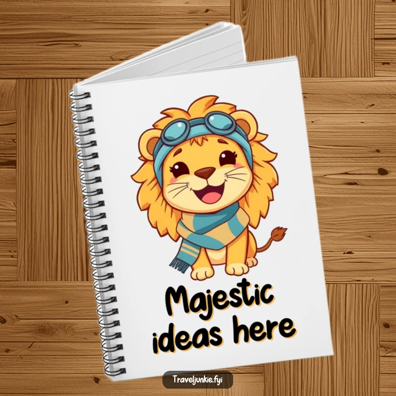 Funny Lion Travel Notebook: A notebook featuring a happy, smiling lion wearing a travel scarf, ideal for jotting down travel plans.