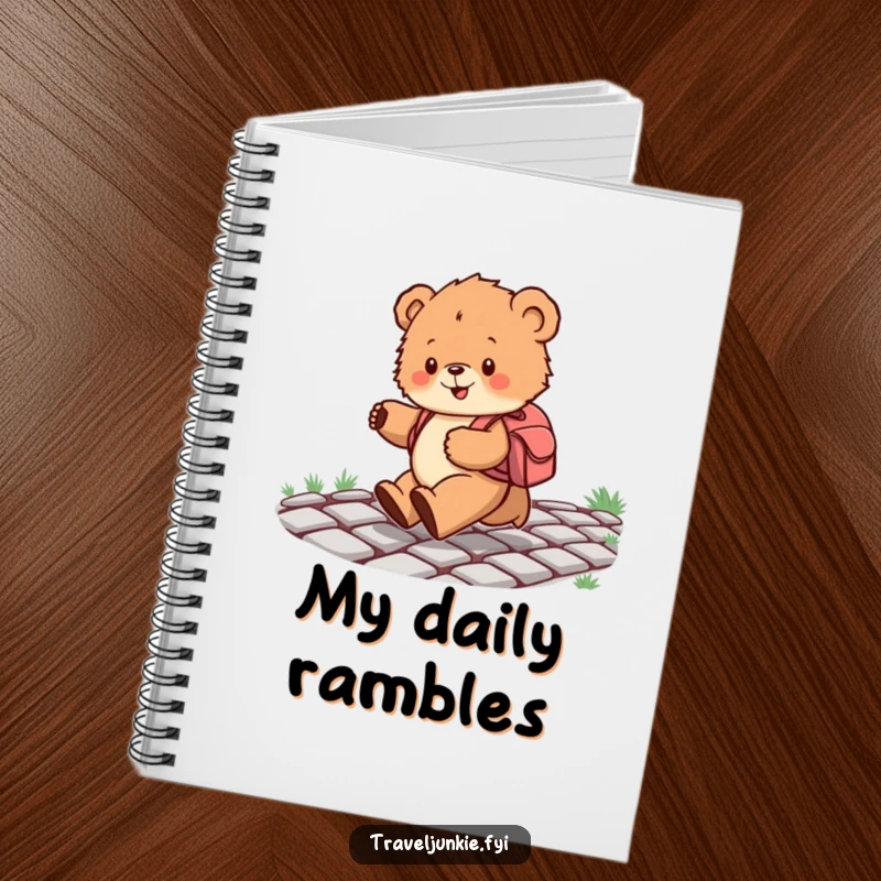 Funny notebook cover featuring a bear cub with a backpack skipping joyfully, ideal for jotting down notes with a whimsical, adventurous theme.