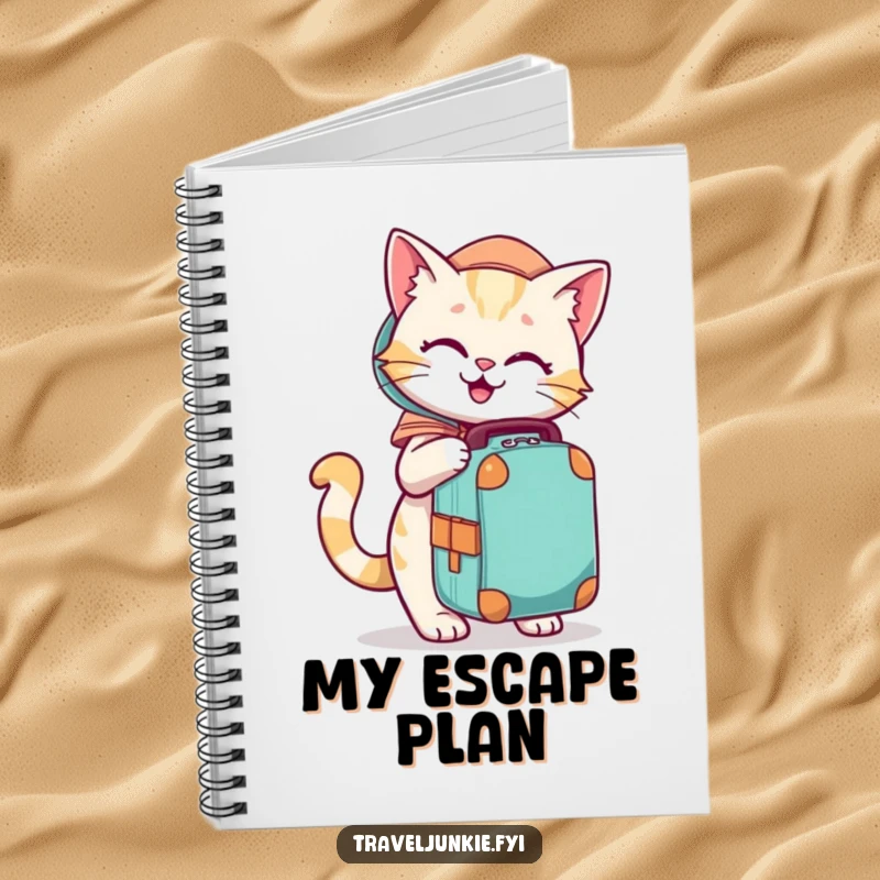 Funny notebook with a playful cat character eagerly packing a travel bag, ideal for planning.