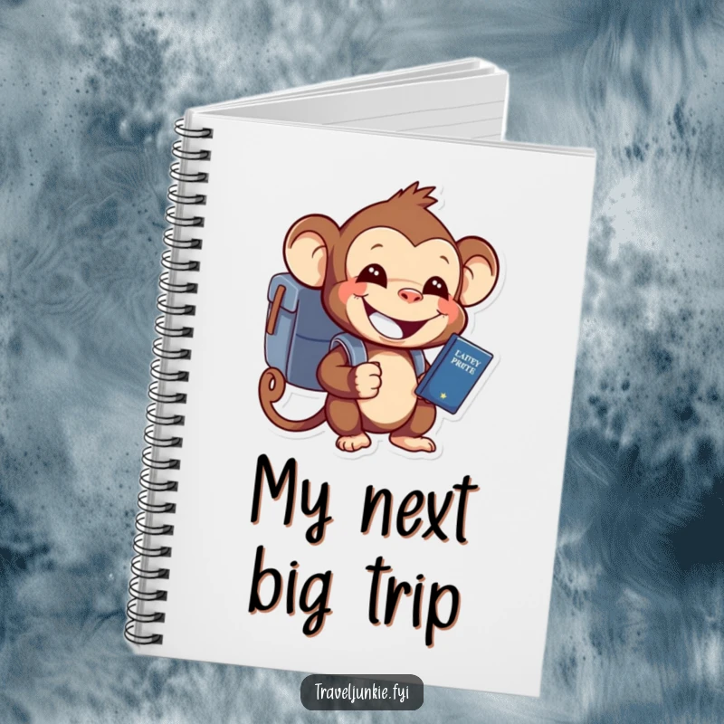 Funny monkey character with backpack and passport, grinning, ready to document adventures in a spiral notebook.