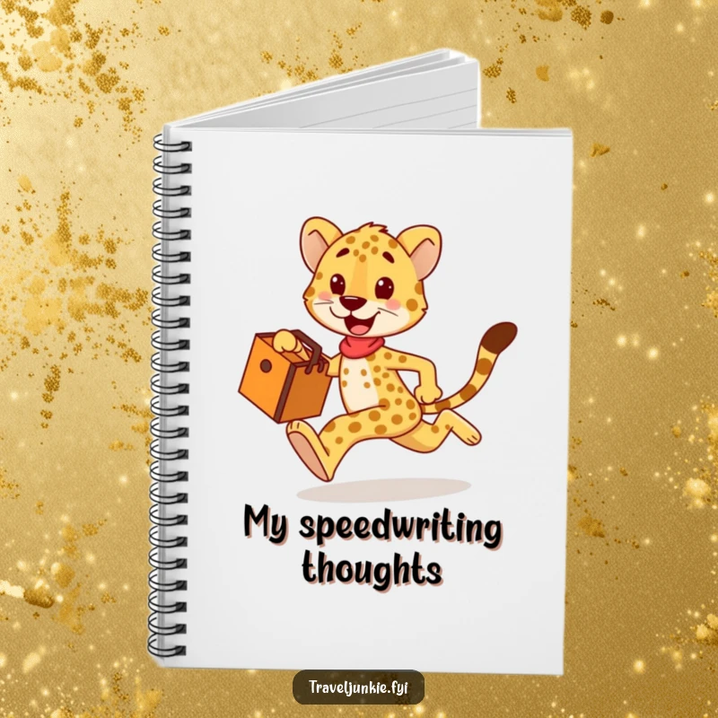 Funny cheetah notebook, perfect for quick notes, with a happy character sprinting with a travel bag, a humorous gift.