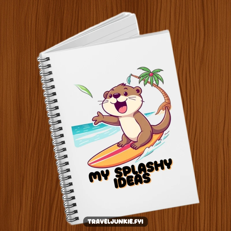 Funny Otter Notebook: An excited otter rides a surfboard towards a tropical shore, ideal for recording beach memories.