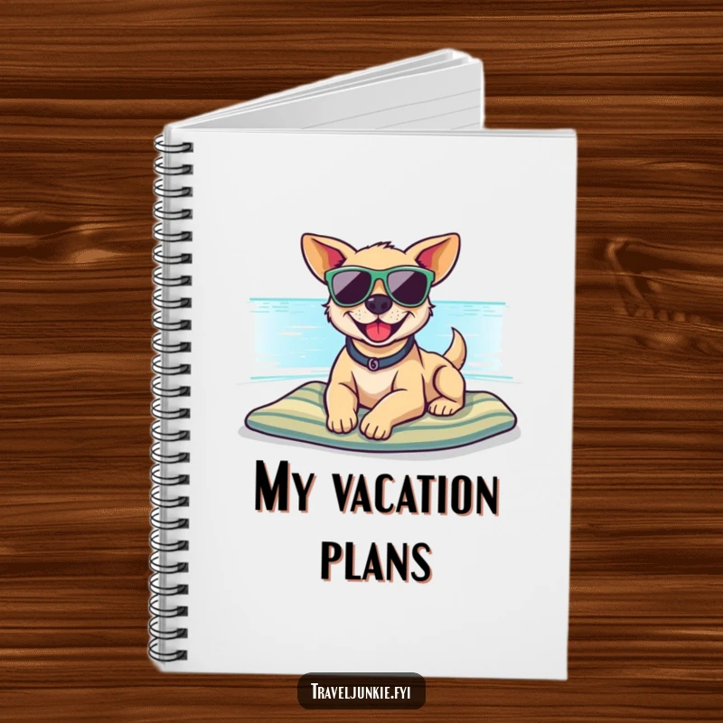 Funny notebook cover with a smiling dog wearing sunglasses on a beach, perfect for notes and a delightful funny gift.