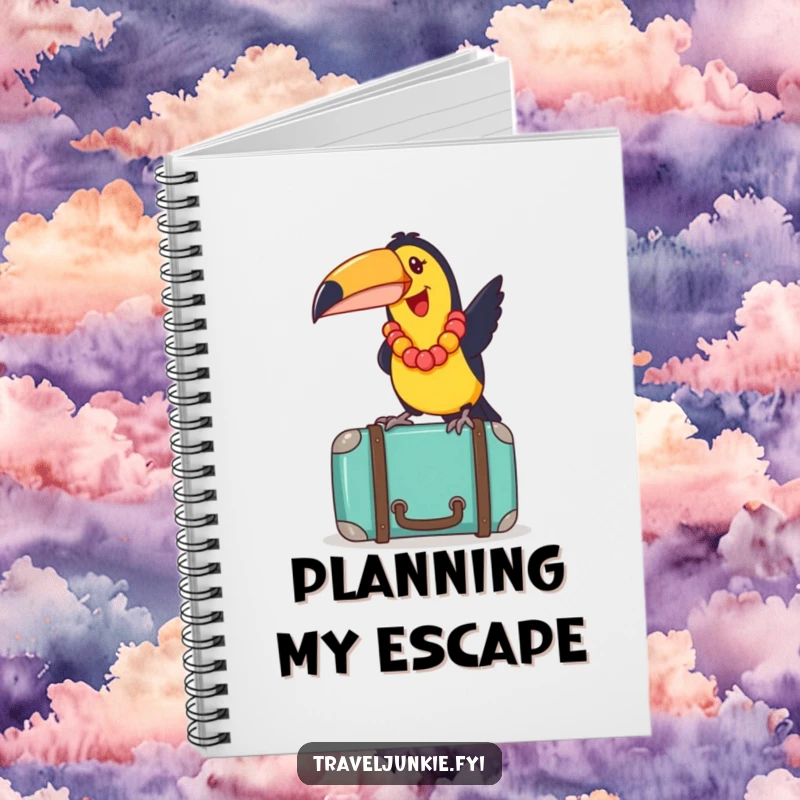 Funny toucan wearing a lei, joyfully balancing on a suitcase, for note-taking and travel journaling, a funny notebook.