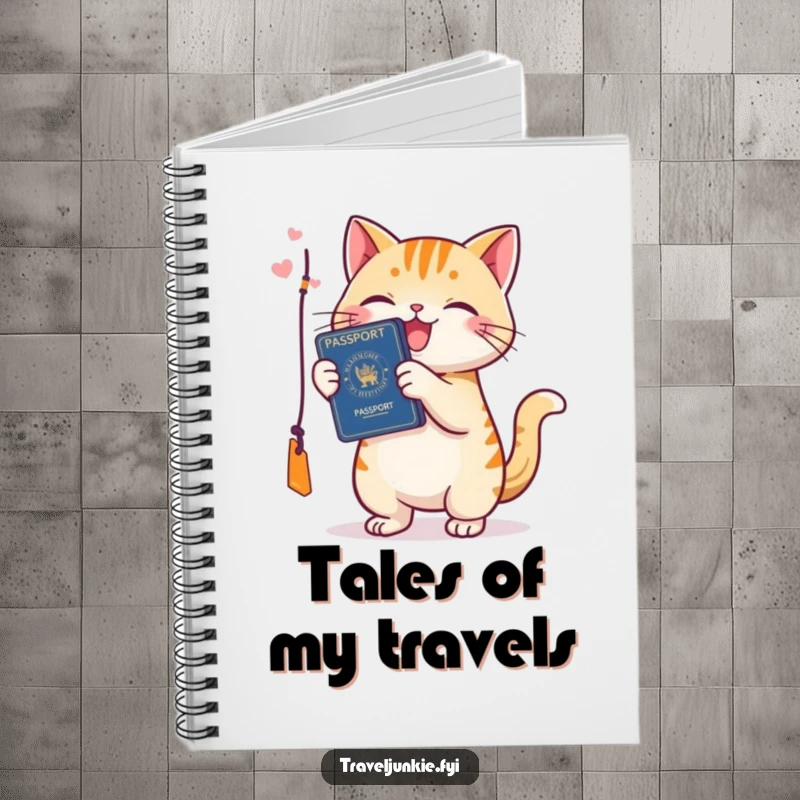 Funny cat notebook, cover features a happy, playful cat batting at a passport tag, inspiring travel and creativity.