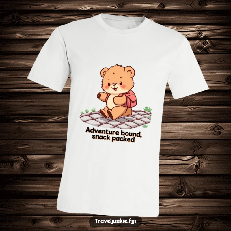 Funny t-shirt shows a cute bear cub with a backpack skipping happily down a cobblestone path, embodying joyful travel.
