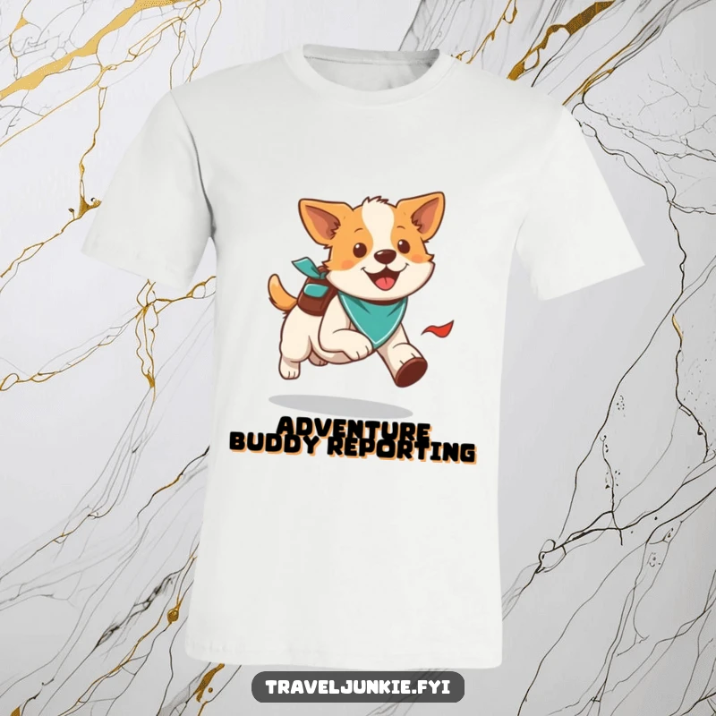 Funny energetic dog running with a bandana and small backpack, perfect funny t-shirt gift for adventurers.