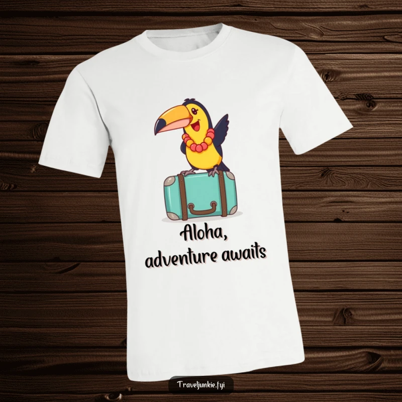 Funny toucan wearing a tiny lei, joyfully balancing on a packed suitcase, expressing vacation excitement on a t-shirt.