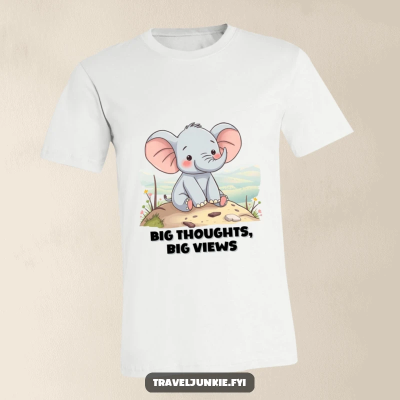 Funny elephant character enjoying a scenic view from a hilltop, conveying a sense of peace and wonder, perfect for a funny gift tee.