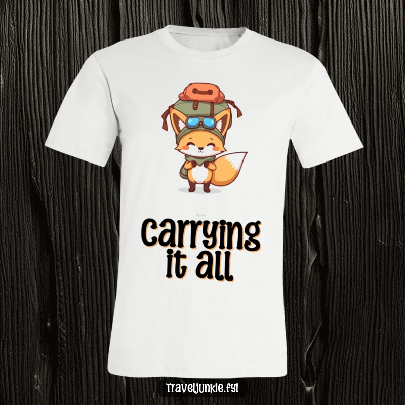 Funny t-shirt showcasing a determined fox precariously balancing a bursting travel bag on its head, a humorous depiction of travel woes.