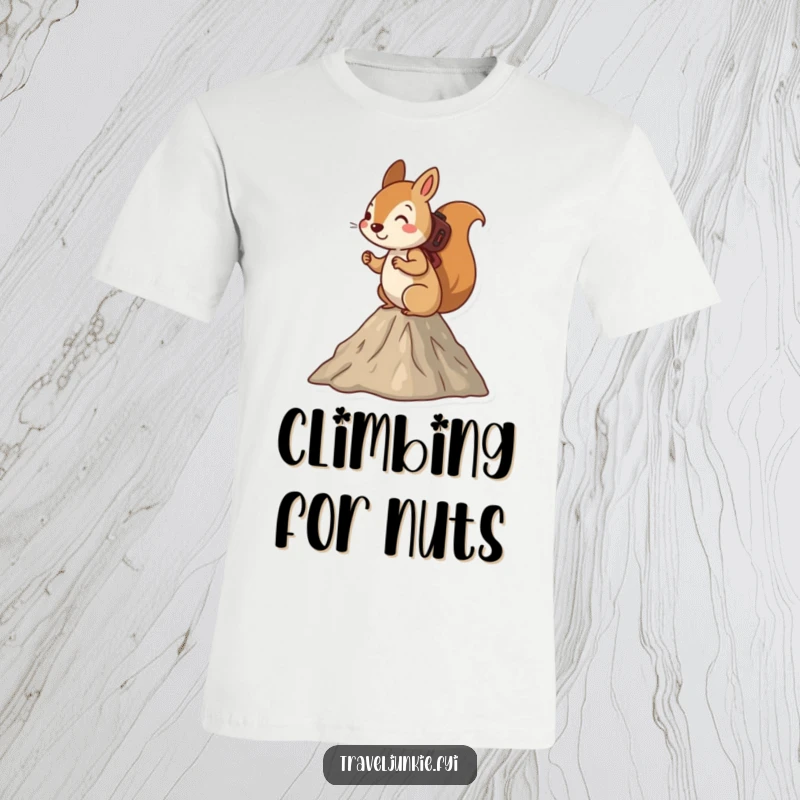 Funny squirrel t-shirt, depicted hiking up a small mountain, full of adventurous spirit and a determined climb.