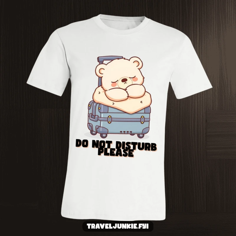 Funny sleepy bear cub snoozing, bundled in blankets on a rolling suitcase, a cozy and humorous t-shirt design.