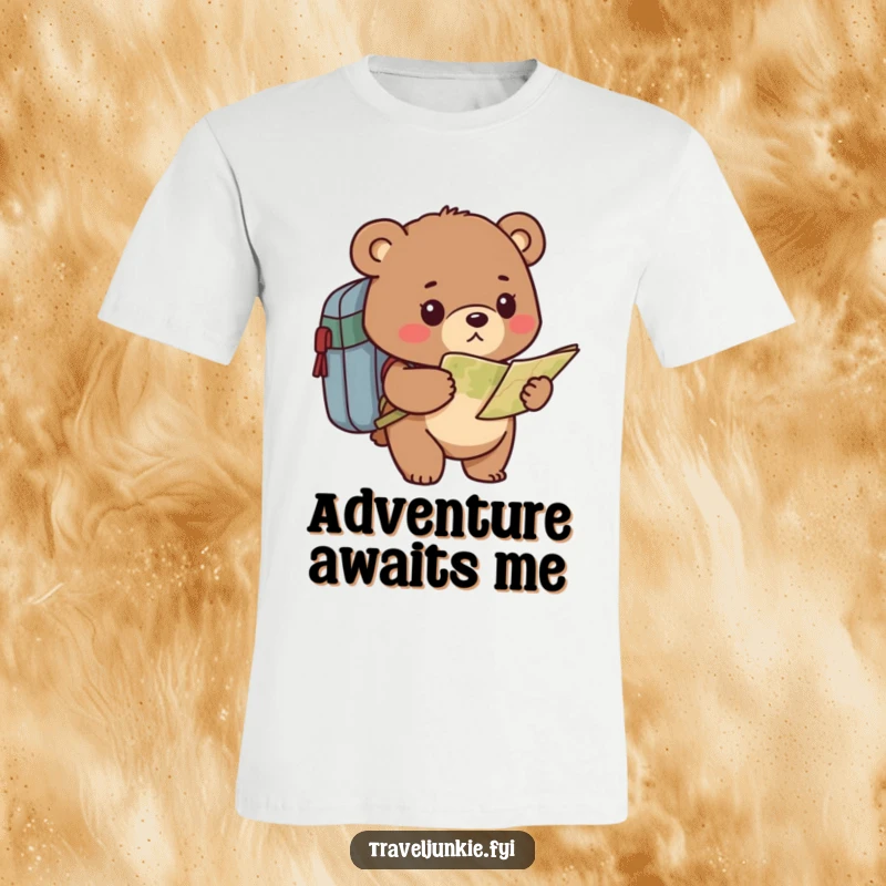 Funny bear t-shirt featuring a determined character with a backpack, looking at a map, perfect for the humorous adventurer.