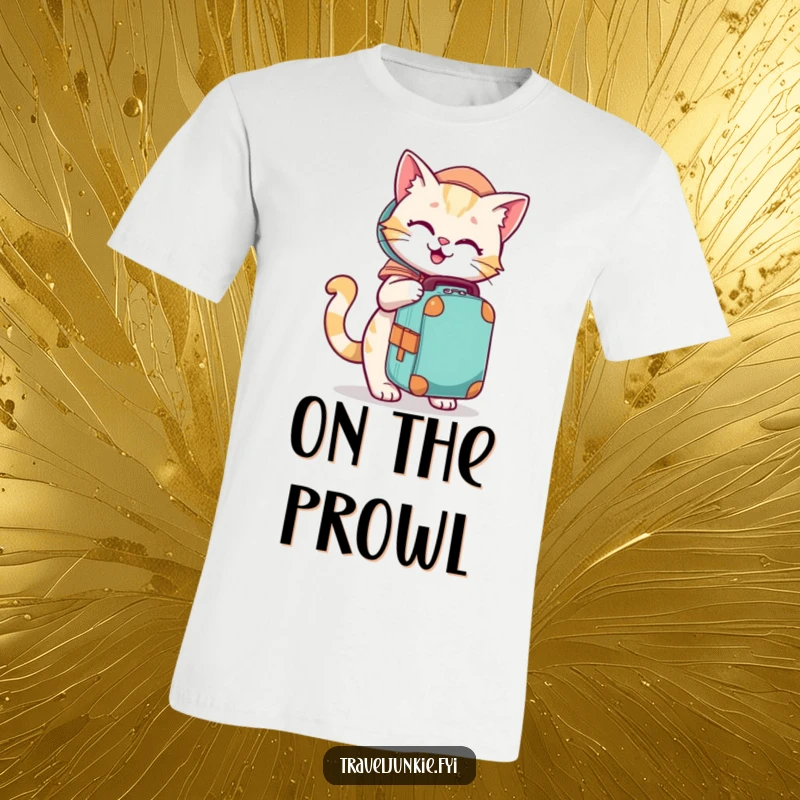 Funny t-shirt featuring a playful cat character eagerly packing a travel bag with excitement.