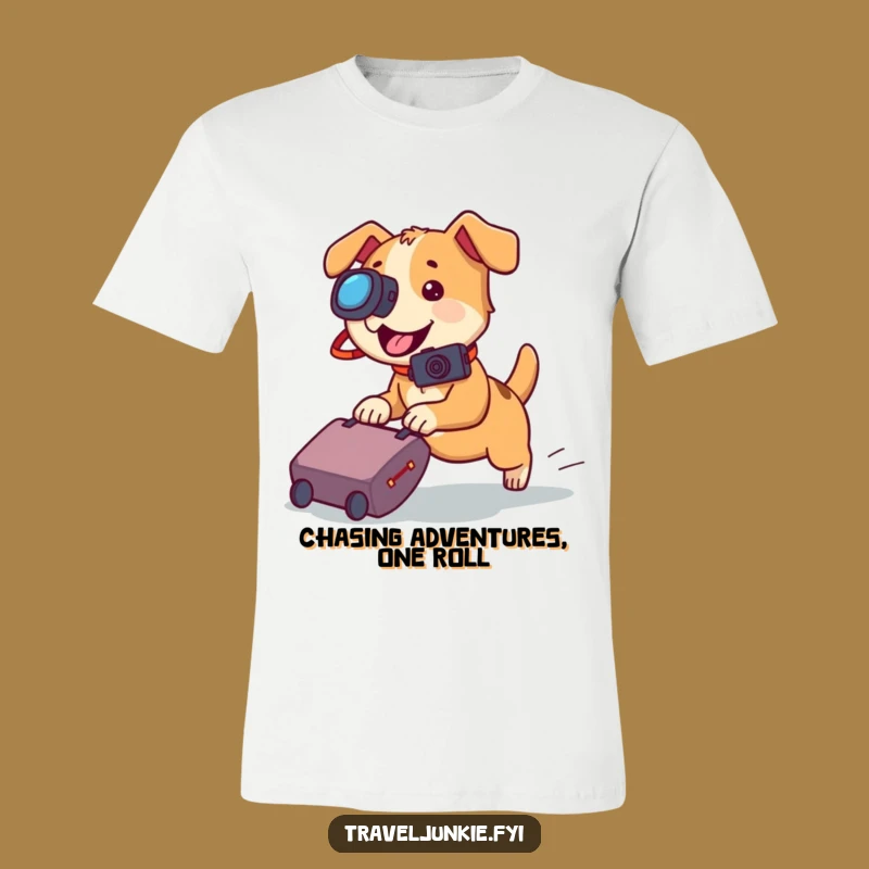 Funny Dog Camera T-Shirt: Playful Canine Suitcase Chase Tee