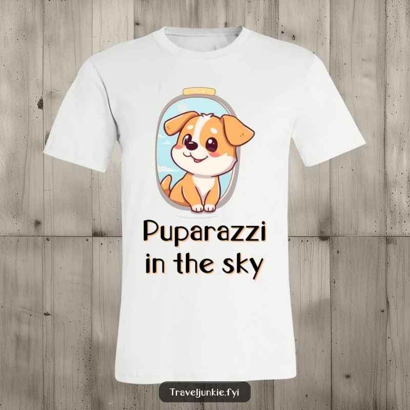 Funny Dog Explorer T-Shirt: Dog looking out plane window, celebrating the thrill of discovery, ideal funny gift for travelers.