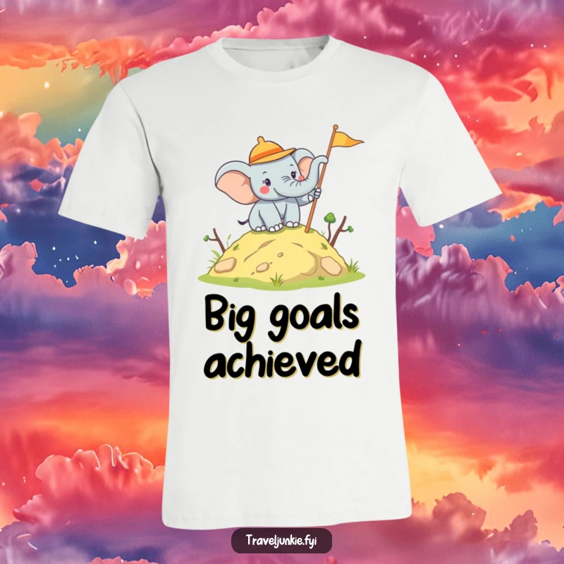 Funny Elephant Explorer T-Shirt: A joyful elephant planting a flag on a hill, signifying conquest, perfect for a funny gift.