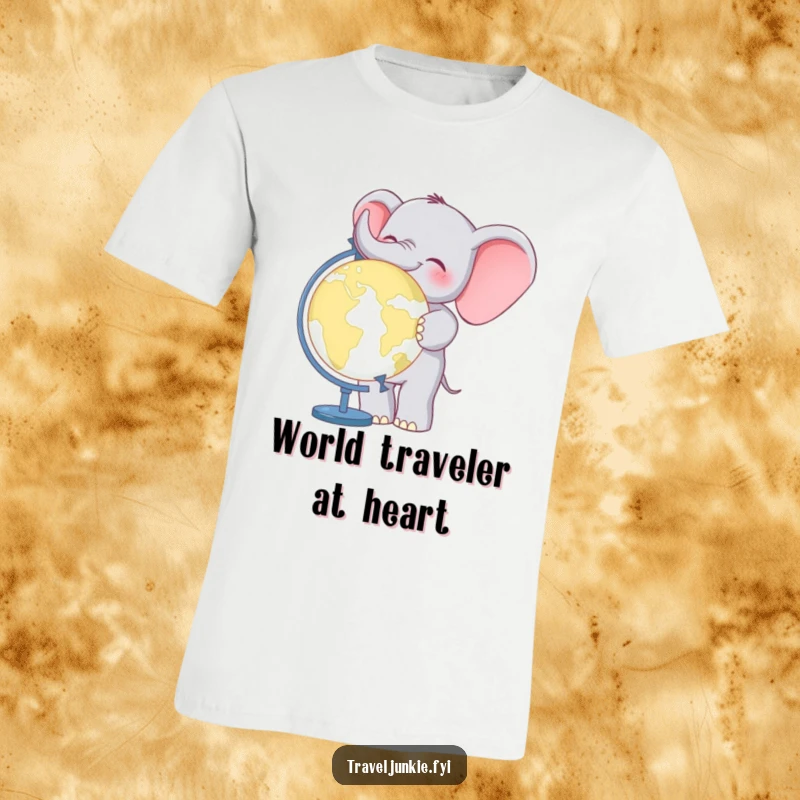 Funny Elephant World Traveler T-Shirt: A cheerful elephant posing with a world globe, radiating positivity and a love for travel.