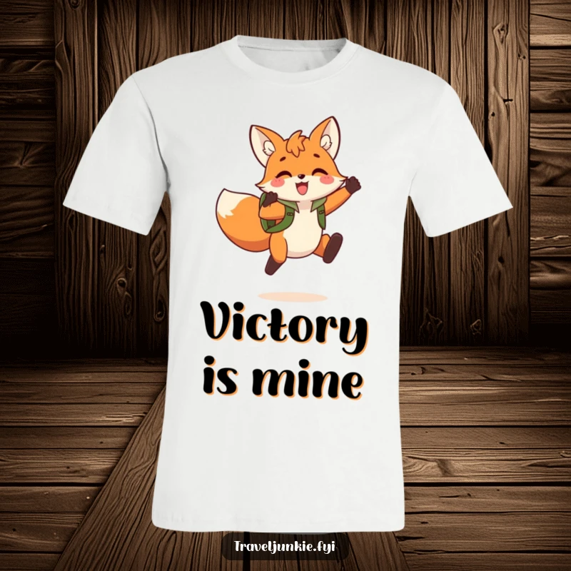 Funny Fox Jump T-Shirt: A dynamic t-shirt featuring a playful fox with a backpack leaping triumphantly, embodying adventure and joy.