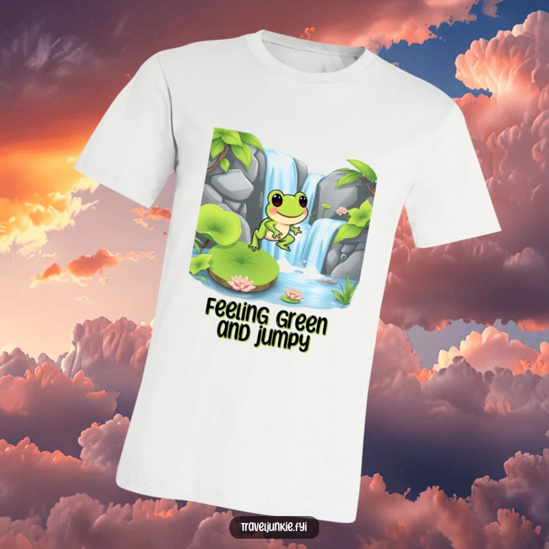 Funny frog character hopping onto a lily pad near a waterfall, illustrating a vibrant and active moment, perfect for a funny gift tee.