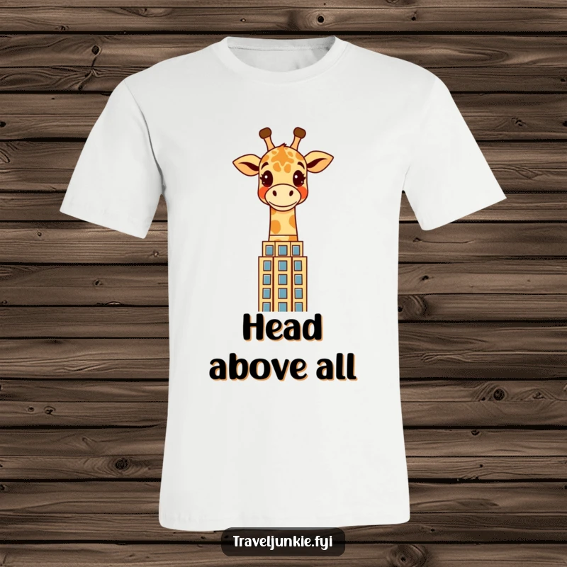 Funny giraffe t-shirt with a cheerful character peeking over a stylized skyscraper, perfect for urban adventures and city life.