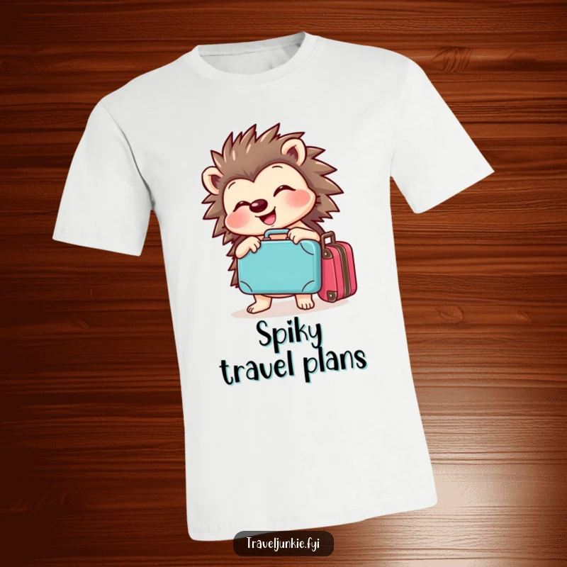 Funny hedgehog t-shirt with a cheerful character joyfully posing with a tiny suitcase, ready for any travel adventure.