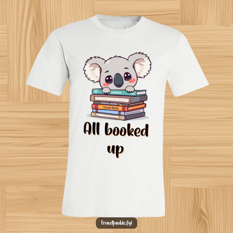 Funny koala character peeking from a stack of travel guides with big eyes, printed on a comfortable t-shirt.