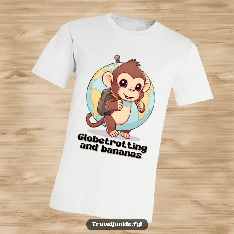 Funny t-shirt: a curious monkey wearing a backpack peeks from behind a globe, showcasing adventurous and humorous exploration.