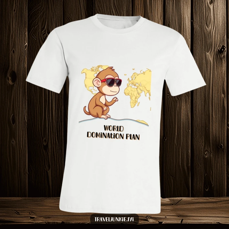Funny monkey wearing sunglasses, studying a world map, cool and curious, perfect funny t-shirt gift.
