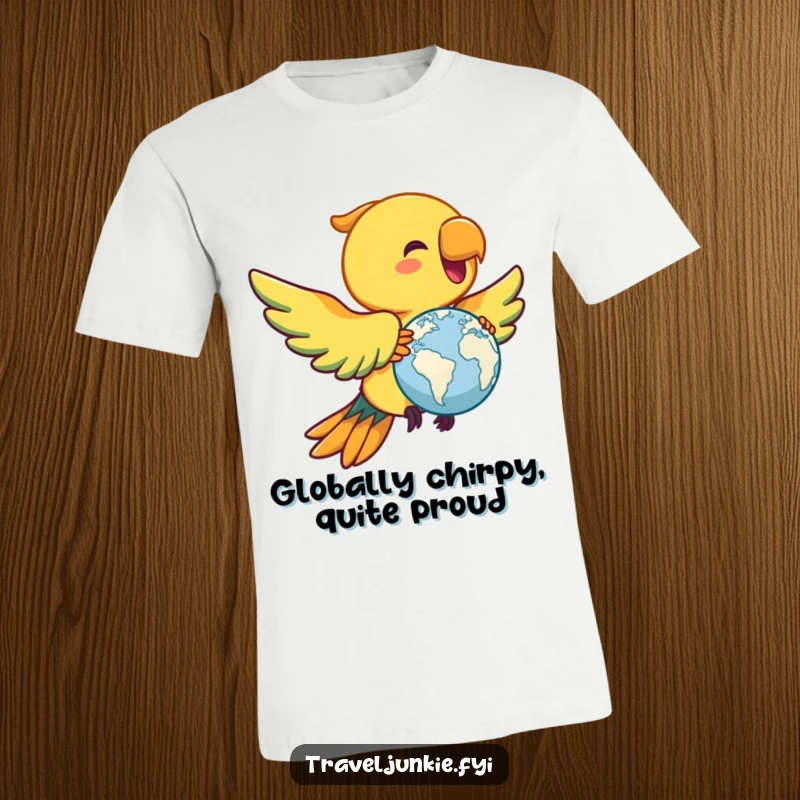 Funny parrot t-shirt, joyful bird flying with a miniature globe, perfect humorous travel gift for him or her.
