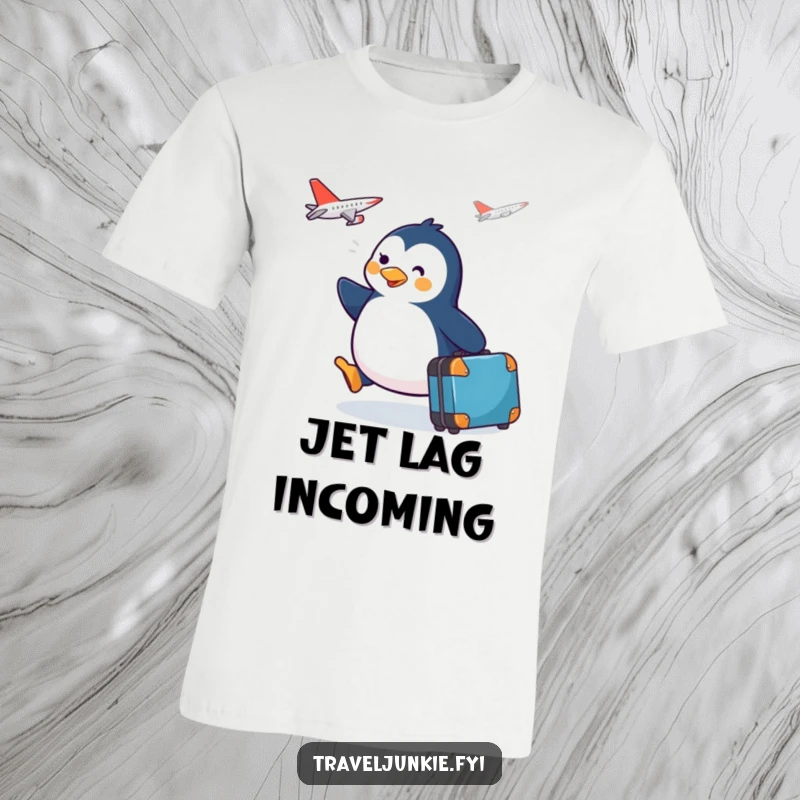 Funny penguin character with a suitcase, waddling happily towards a plane, printed on a comfortable t-shirt.